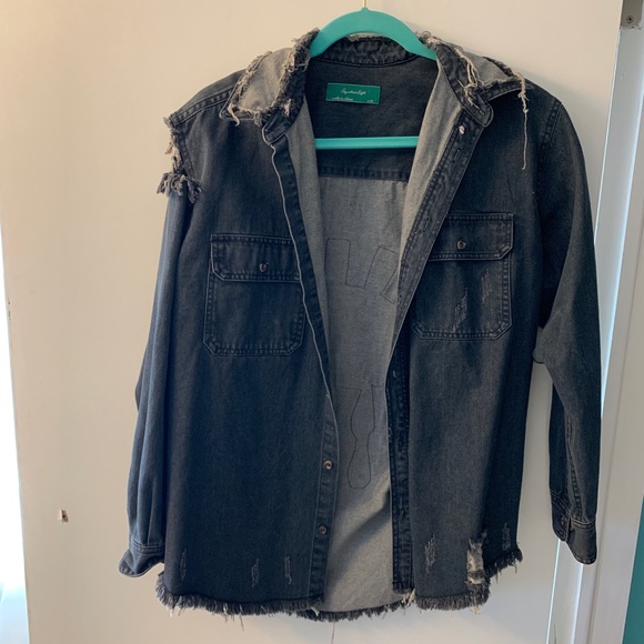 sequin eye distressed black denim jacket - Picture 2 of 2